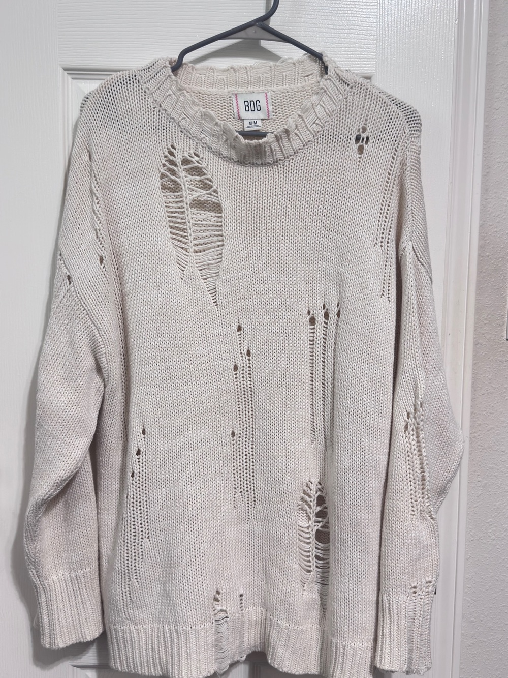 BDG Distressed Scoop-Neck Sweater in Light Beige